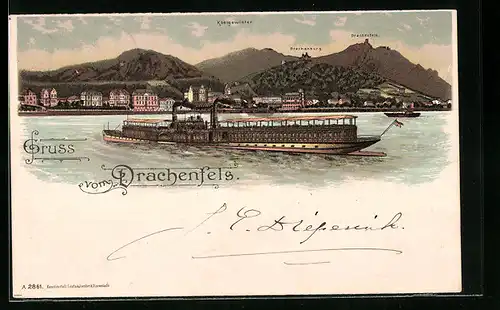 Lithographie RheinRheindampfer mit Blick auf Drachenfels und Königswinter