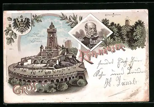 Lithographie Kyffhäuser, Kaiser Wilhelm I., Denkmal auf dem Kyffhäuser