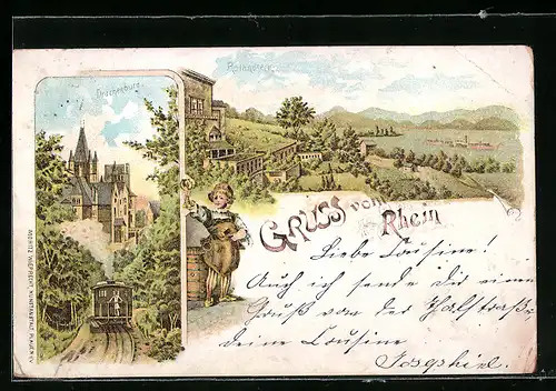Lithographie Rolandseck /Rhein, Ortspartie, Drachenburg