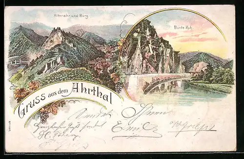 Lithographie Altenahr /Ahrthal, Panorama und Burg, Bunte Kuh