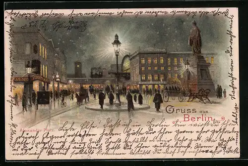 Lithographie Berlin, Passanten am Denkmal auf dem Alexanderplatz bei Nacht