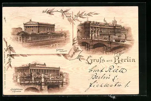 Lithographie Berlin, Nationalgalerie, Friedrichsbrücke und Börse