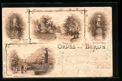 Lithographie Berlin-Tiergarten, Rousseau-Insel, Goldfischteich, Friedrich Wilhelm III.