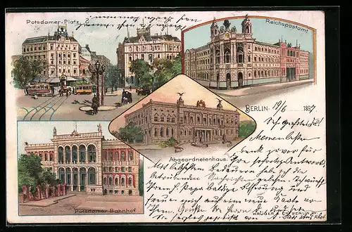 Lithographie Berlin-Tiergarten, Potsdamer Platz u. Bahnhof, Reichpostamt, Abgeordnetenhaus