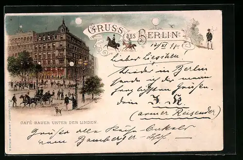 Lithographie Berlin, Cafe Bauer Unter den Linden bei Mondschein