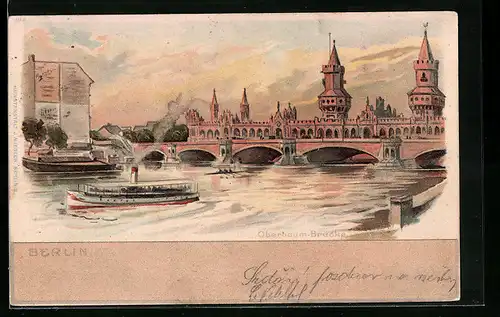Lithographie Berlin-Friedrichshain, Ansicht von Oberbaum-Brücke