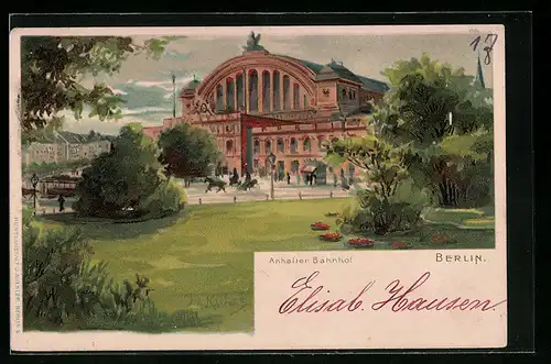 Lithographie Berlin-Kreuzberg, Anhalter Bahnhof mit Parkanlage