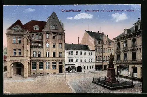 AK Crimmitschau, Silberstrasse mit Kaiser Wilhelm-Denkmal und Elektrizitäts-Werk