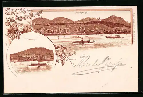 Lithographie Petersberg, Teilansicht, Uferpartie mit Siebengebirge
