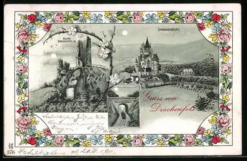 Lithographie Königswinter, Blick auf Drachenburg & Ruine Drachenfels