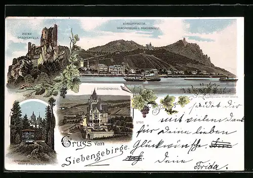 Lithographie Königswinter, Ortsansicht mit Drachenburg und Drachenfels, Zahnradbahn