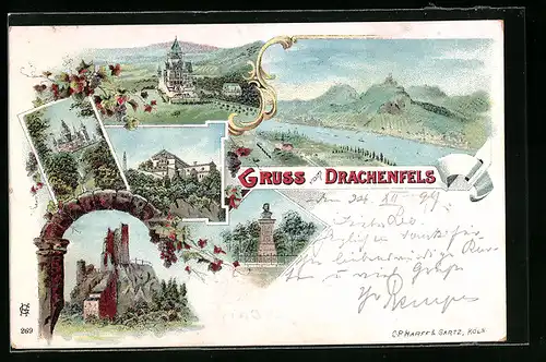 Lithographie Drachenfels, Panorama, Denkmal, Ruine, Schloss