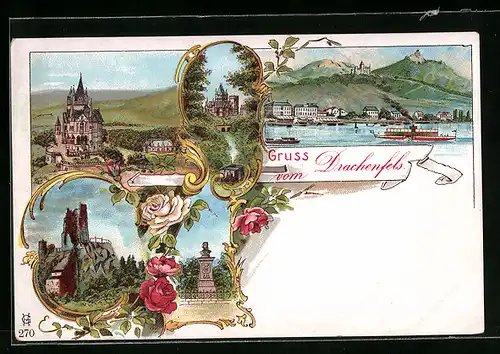 Lithographie Drachenfels, Schloss, Ruine, Denkmal