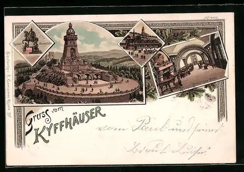 Lithographie Kyffhäuser, Restaurant a. d. Kyffhäuser, Inneres Barbarossa-Saal, Denkmal