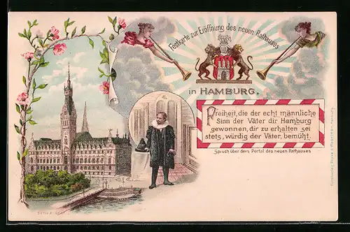 Lithographie Hamburg, Rathaus und Ratsherr, Festkarte zur Eröffnug des neuen Rathauses, Wappen