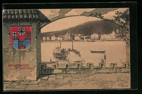 AK Königswinter, Uferpartie mit Petersberg, Wappen, Passepartout