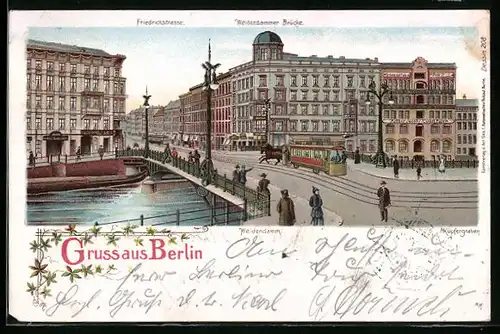 Lithographie Berlin, Cafe Mozart am Schiffbauerdamm, Pferdebahn, Kupfergraben, Weidendamm, Friedrichstrasse