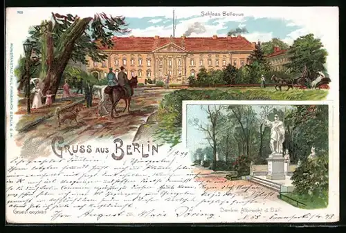 Lithographie Berlin-Tiergarten, Schloss Bellevue und Denkmal Albrecht d. Bär