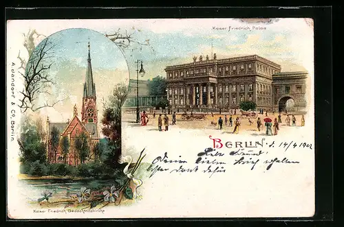 Lithographie Berlin, Unter den Linden, Kaiser Friedrich-Palais und Gedächtniskirche