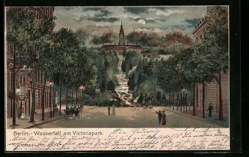 Lithographie Berlin-Kreuzberg, Wasserfall am Victoriapark mit Passanten