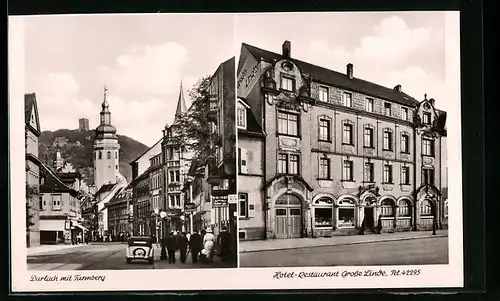 AK Durlach, Hotel-Restaurant Grosse Linde, Strassenpartie mit Geschäften