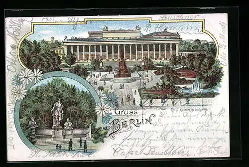 Lithographie Berlin, Königl. Museum und Lustgarten, Denkmal Albrecht II.