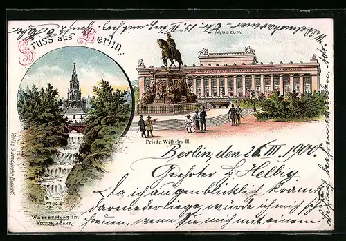 Lithographie Berlin-Kreuzberg, Museum, Wassersturz im Victoria Park, Denkmal Friedr. Wilhelm III.