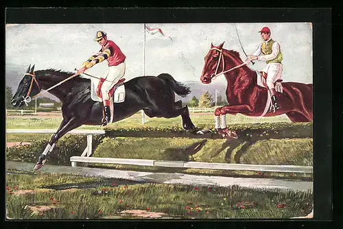 Künstler-AK Ermenegildo Carlo Donadini: Jockeys überspringen mit ihren Pferden Hürde