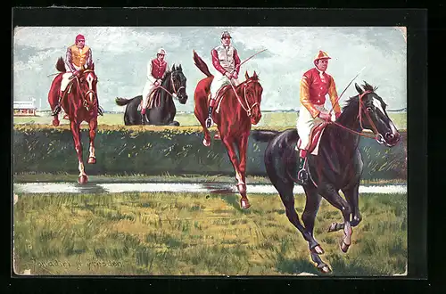 Künstler-AK Ermenegildo Carlo Donadini: Jockeys überspringen auf ihren Pferden Hürde
