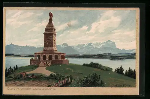 Künstler-AK Zeno Diemer: Leoni, Bismarckthurm mit Blick auf die Zugspitze