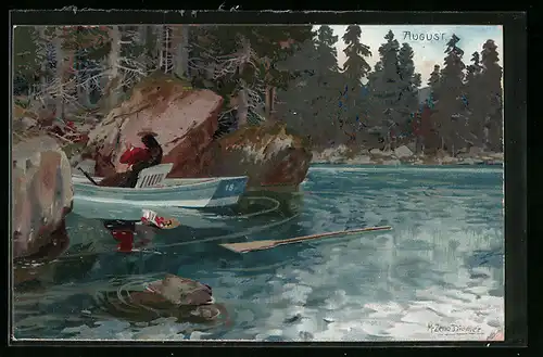 Künstler-AK Zeno Diemer: Bootspartie eines Liebespaares mit wegschwimmendem Ruder