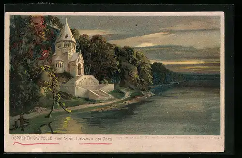 Künstler-Lithographie Edward Harrison Compton: Gedächtniskapelle für König Ludwig II. bei Berg