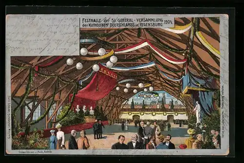 Lithographie Regensburg, Festhalle der 51. General-Versammlung d. Katholiken D. 1904