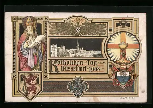 Künstler-AK Düsseldorf, Katholiken-Tag 1908, Papst Pius X, Wappen