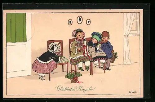 Künstler-AK Pauli Ebner: Kinder mit einem Korb Kleeblätter, Neujahrsgruss