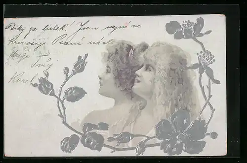 Präge-AK Zwei junge Frauen mit Blumen, Jugendstil