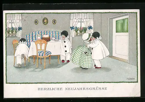 Künstler-AK Pauli Ebner: Kleiner Harlekin küsst Mädchen, Neujahrsgruss