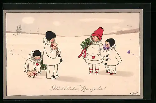 Künstler-AK Pauli Ebner: Kleine Pierrots im Schnee