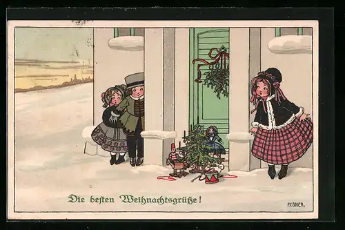 Künstler-AK Pauli Ebner: Kinder am Tannenbaum im Schnee, Weihnachtsgruss