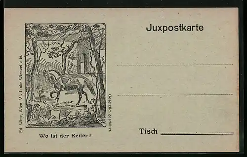 Künstler-AK Juxpostkarte, Wo ist der Reiter?, Optische Täuschung