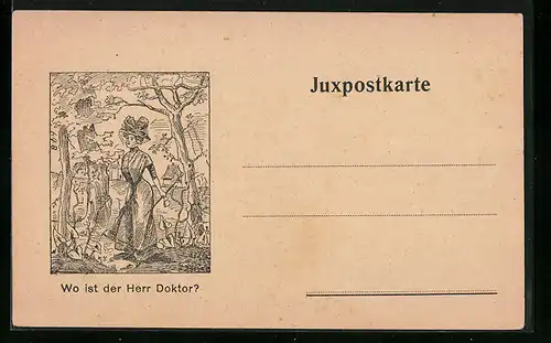 Künstler-AK Juxpostkarte, Wo ist der Herr Doktor?, Optische Täuschung