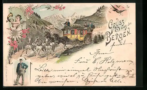 Lithographie Postkutsche in den Bergen