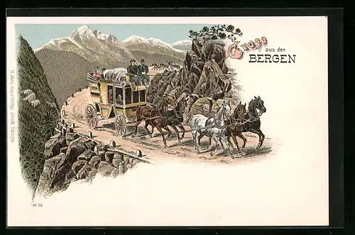 Lithographie Ober-Engadin, Postkutsche in den Alpen, Postillon