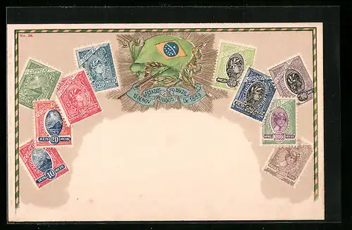 AK Brasilianische Briefmarken mit Wappen