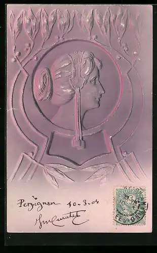 Präge-AK Dame in Profilansicht, Jugendstil