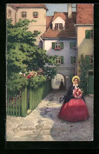 Künstler-AK Meissner & Buch (M&B) Nr. 2989: Frau mit Blumenstrauss in einem Hinterhof