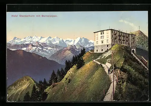 AK Stanserhorn, Hotel Stanserhorn mit Bergbahn und Berneralpen