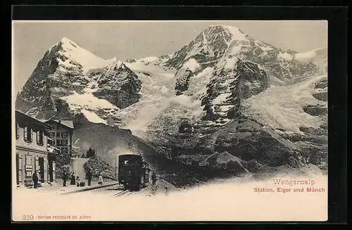 AK Wengernalp, Station, Eiger und Mönch mit Bergbahn