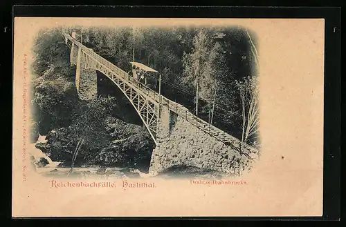 AK Reichenbachfälle Haslithal, Drahtseilbahnbrücke mit Bergbahn