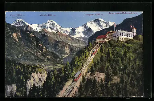 AK Interlaken, Bergbahn Interlaken-Heimwehfluh mit Jungfrau und Mönch